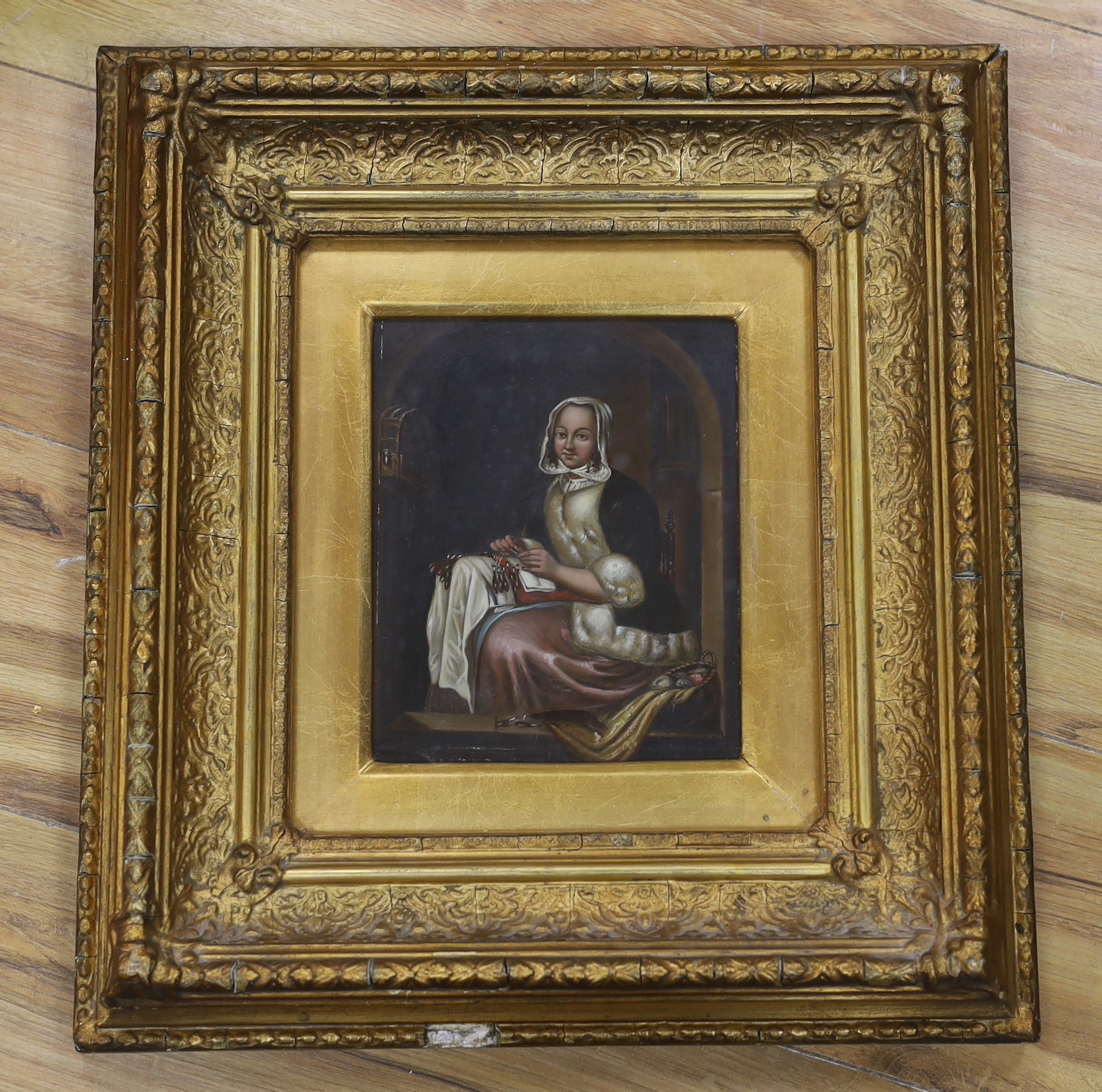 After Gabriel Metsu (Dutch, 1629-1667), oil on tin, 'The Lace Maker', 19cm x 15cm, ornate gilt frame